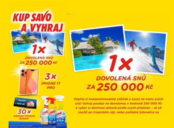 SOUTĚŽ SAVO: vyhrajte dovolenou za 250 000 Kč, iPhone 17 Pro nebo poukaz Bonami (34 výher)